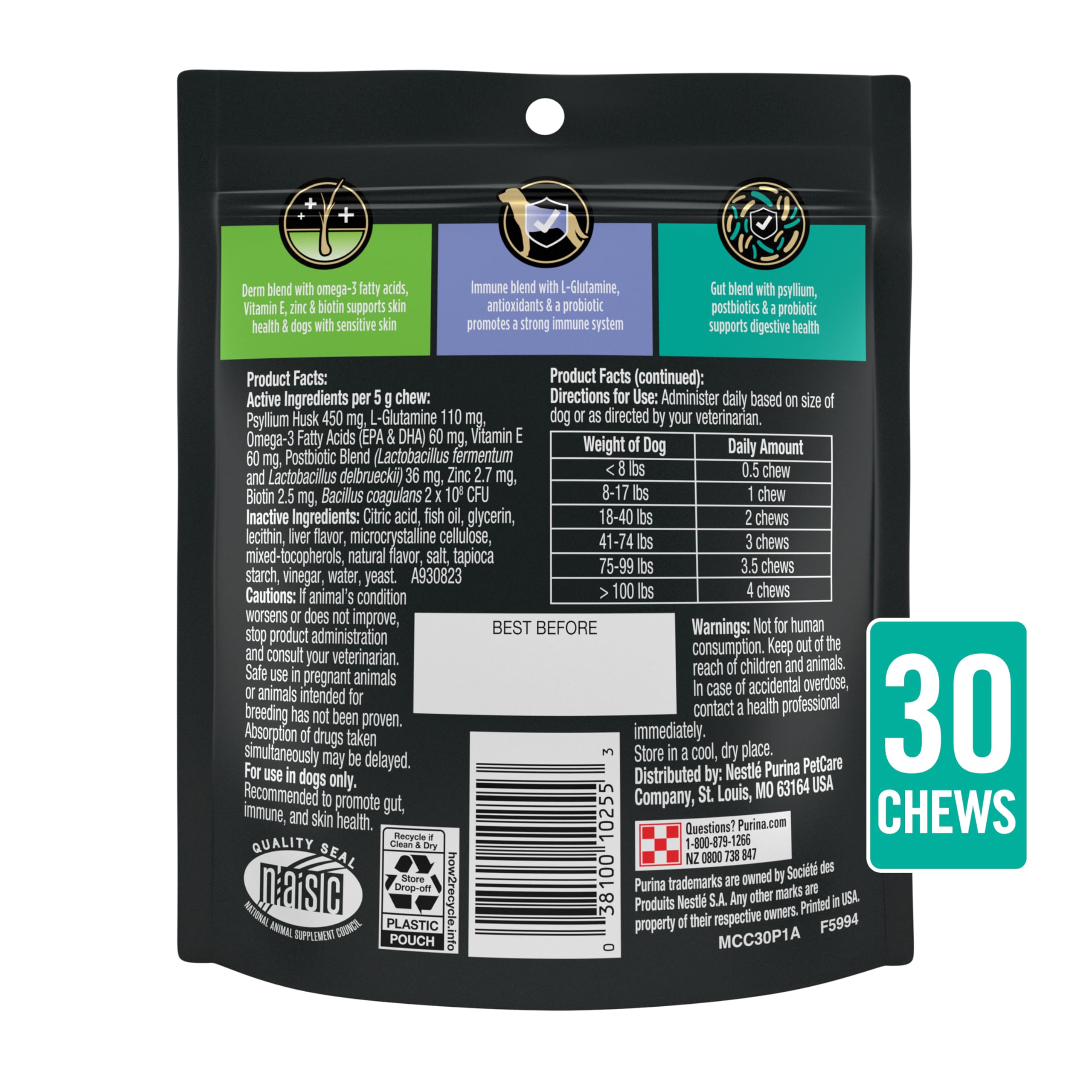 Purina Pro Plan Multi Care pouch on shelf indicates daily dog health support.