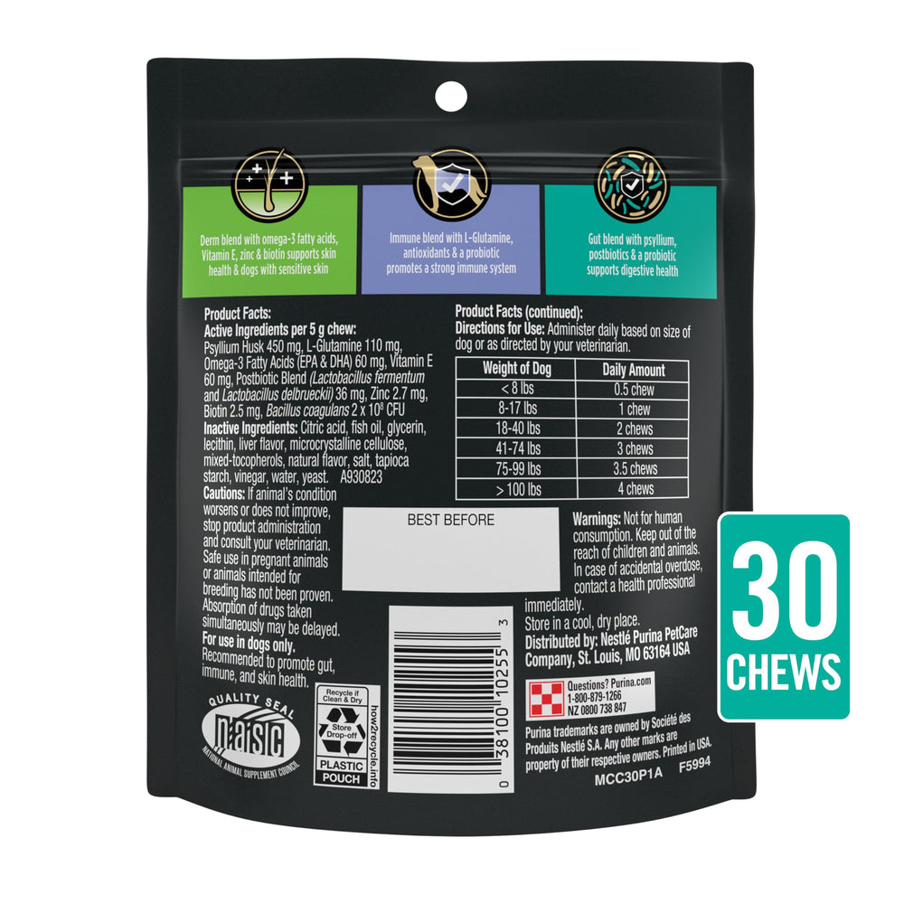 Purina Pro Plan Multi Care pouch on shelf indicates daily dog health support.