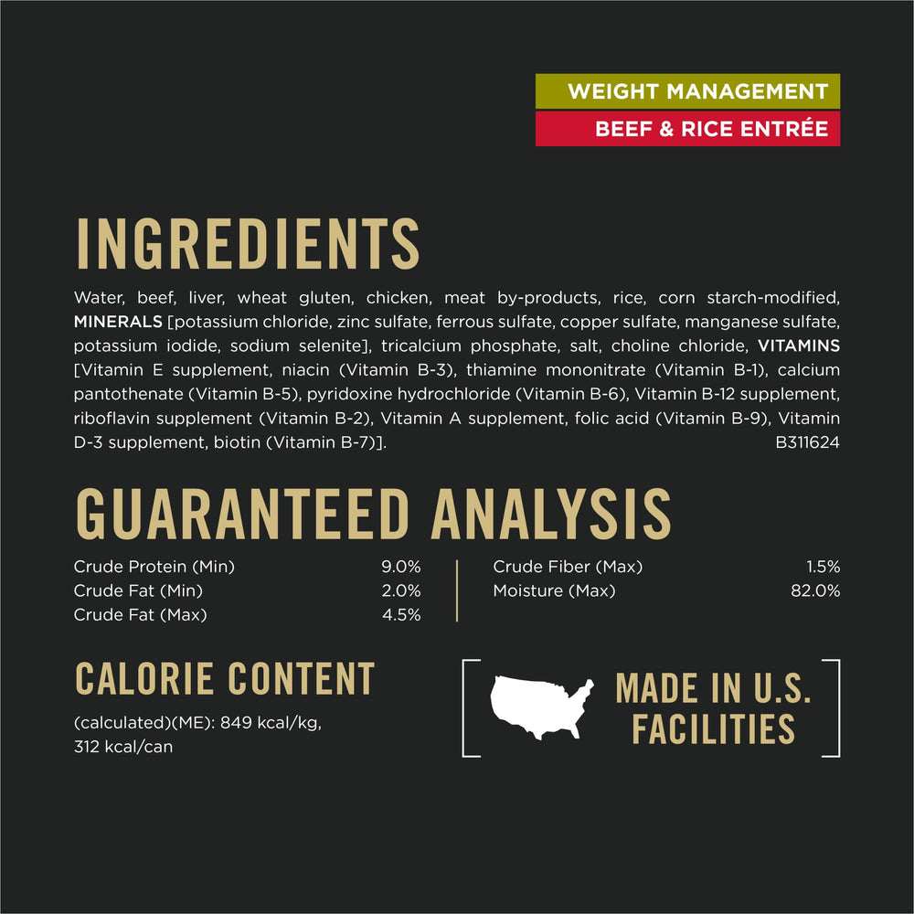 Purina Pro Plan Weight Management beef and rice entree gravy can with label side emphasizing protein.
