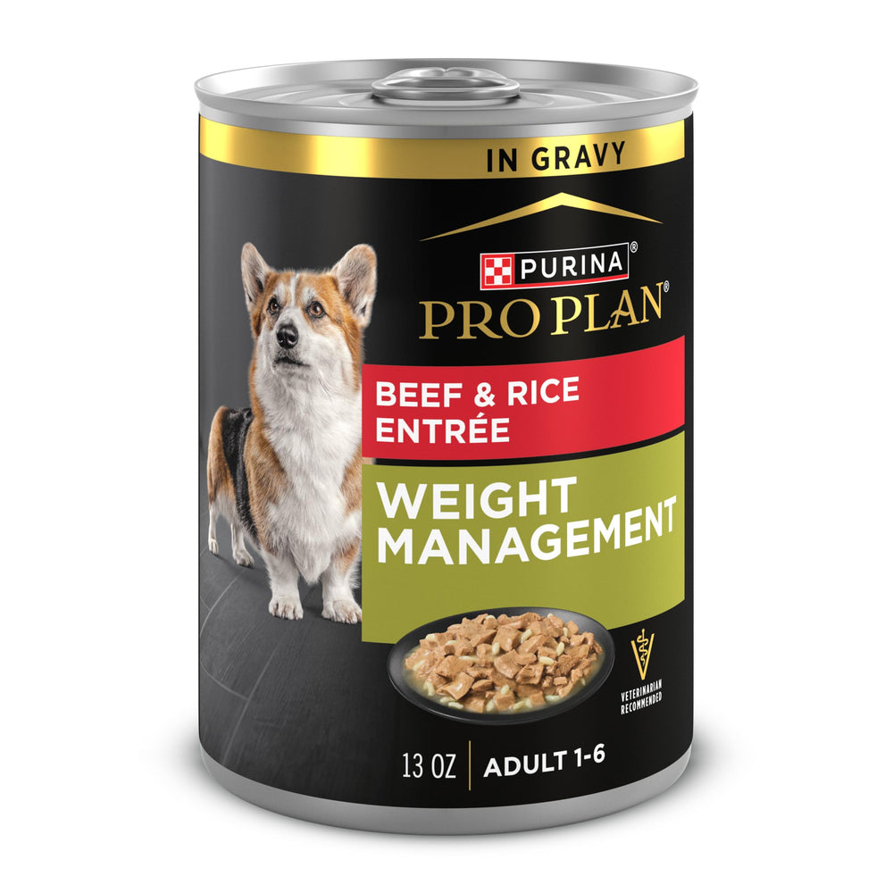 Purina Pro Plan Weight Management beef and rice entree in gravy cans — real beef flavor.