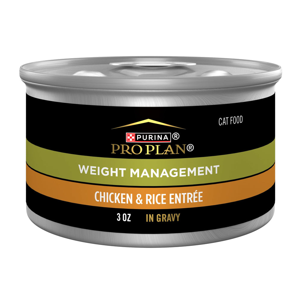 Purina Pro Plan weight management cat wet food with chicken and rice in gravy supports lean muscle