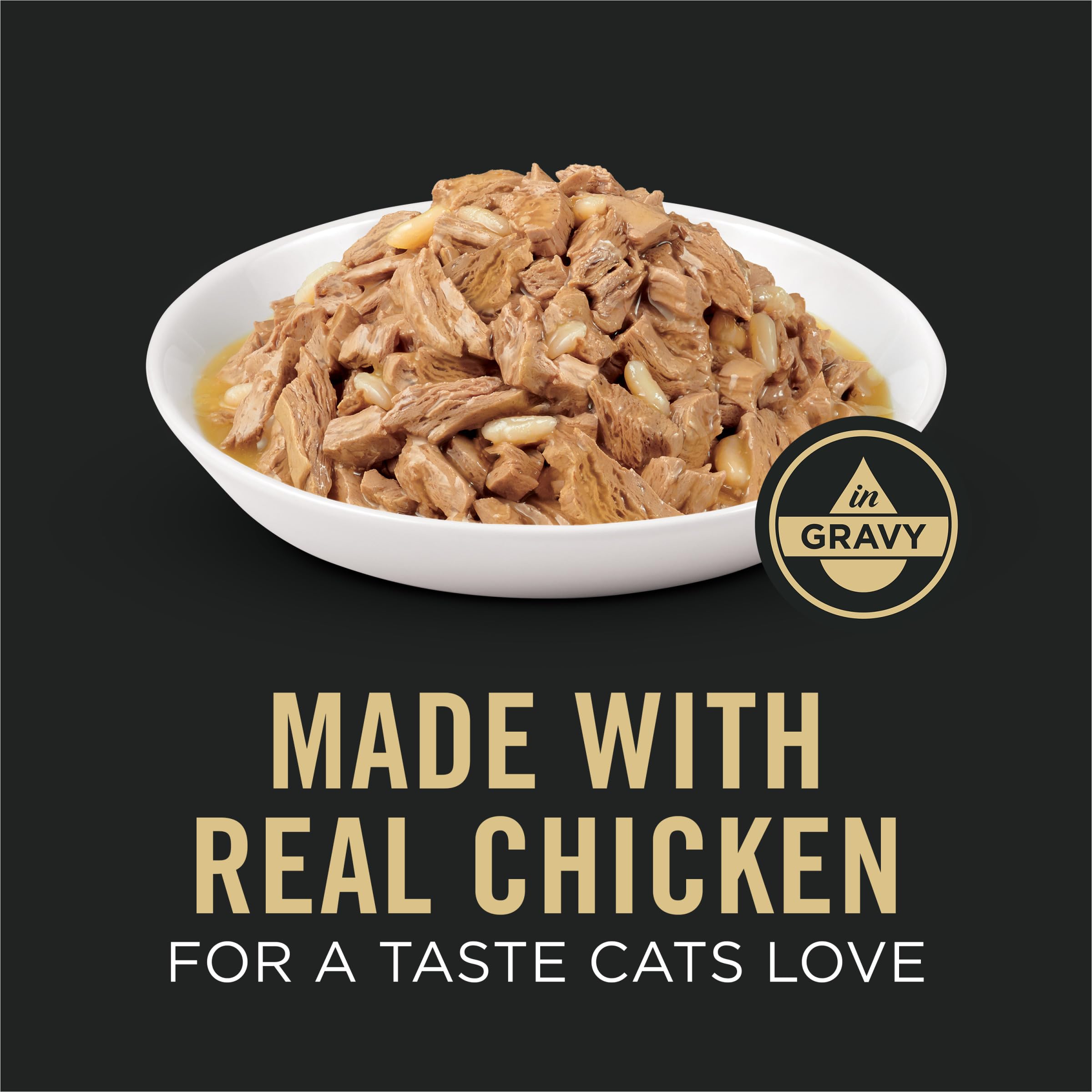 Purina Pro Plan weight management cat wet food with chicken and rice in gravy highlights high-protein formula