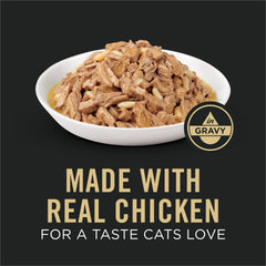 Purina Pro Plan weight management cat wet food with chicken and rice in gravy highlights high-protein formula