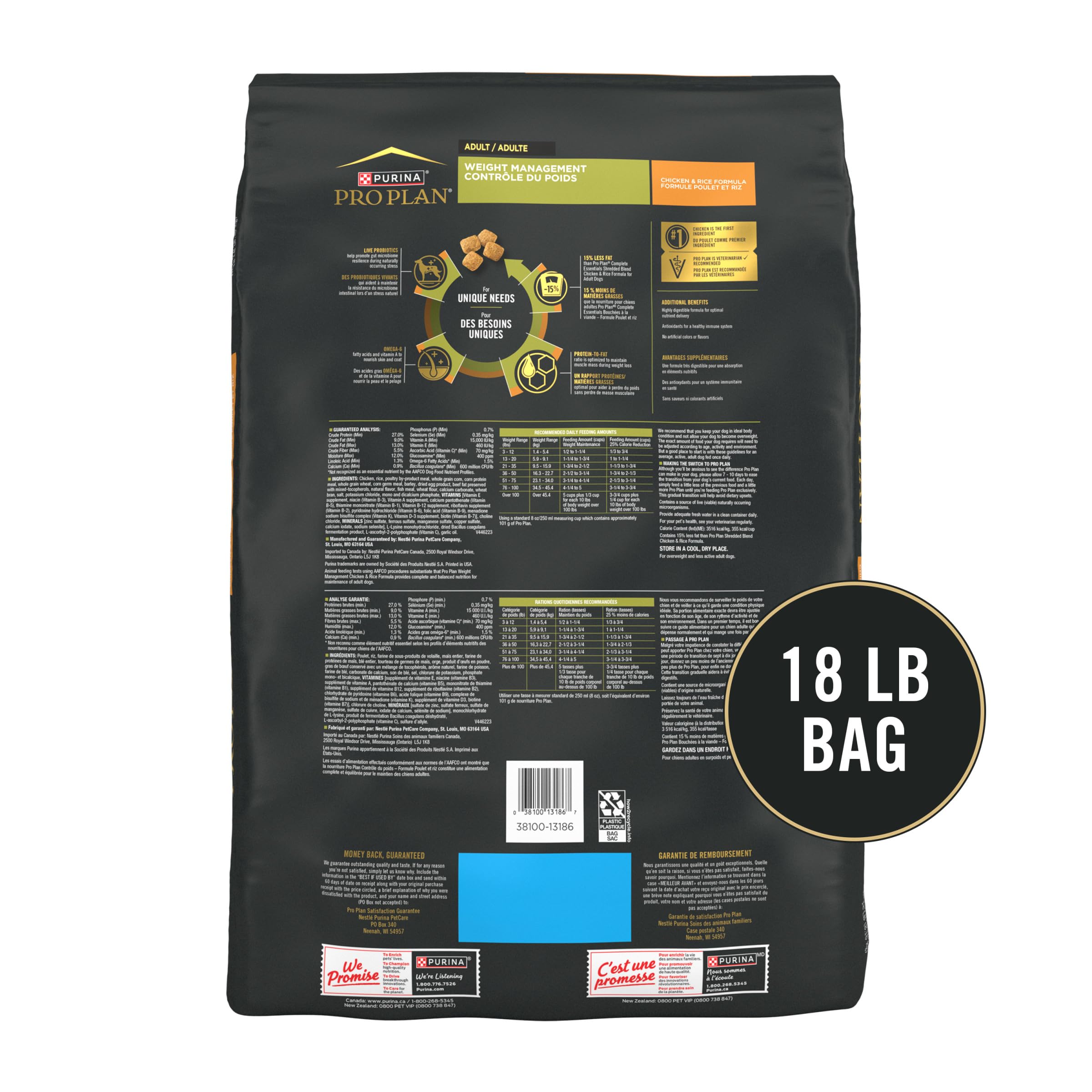 Purina Pro Plan Weight Management chicken-first ingredient, protein-rich formula supports muscle maintenance.