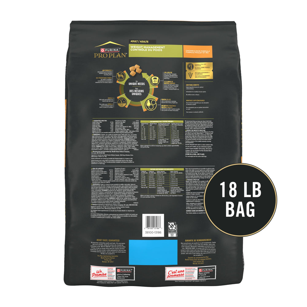 Purina Pro Plan Weight Management chicken-first ingredient, protein-rich formula supports muscle maintenance.