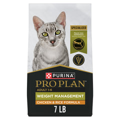 Purina Pro Plan Weight Management bag showing high-protein formula for lean muscle