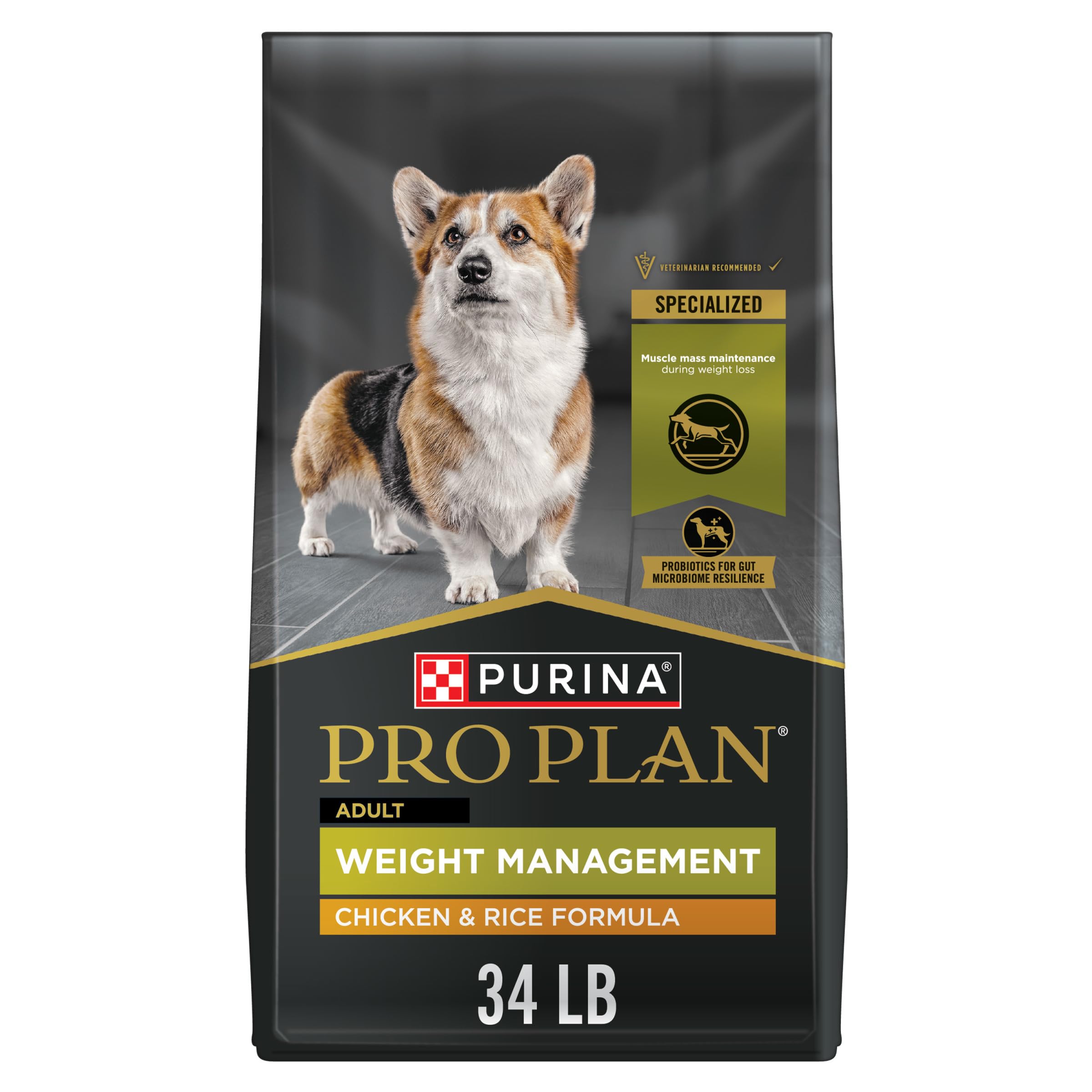 Purina Pro Plan Weight Management bag front showing 34 lb packaging and weight-friendly formula