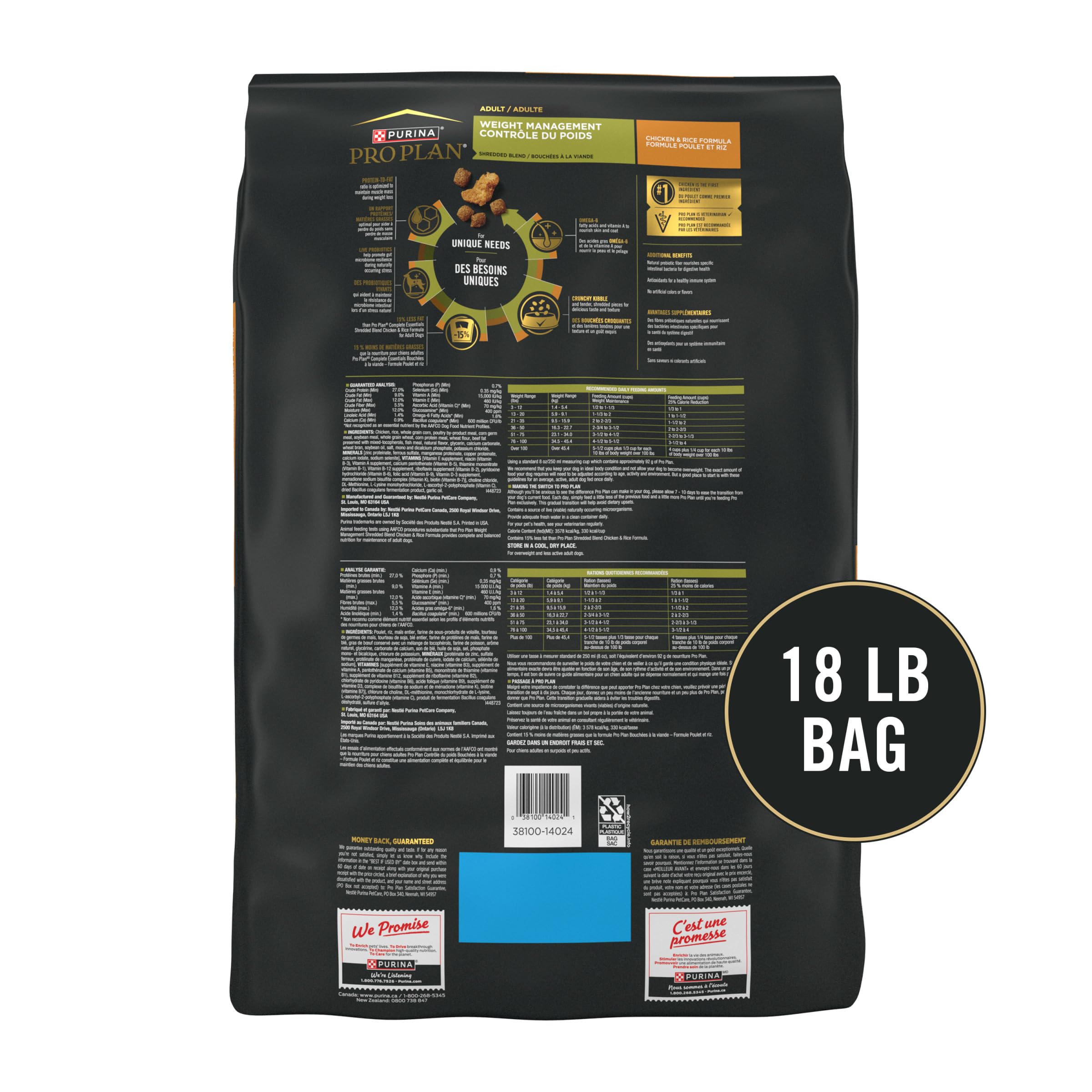 Purina Pro Plan Weight Management dry delivers balanced nutrition for adult dogs.