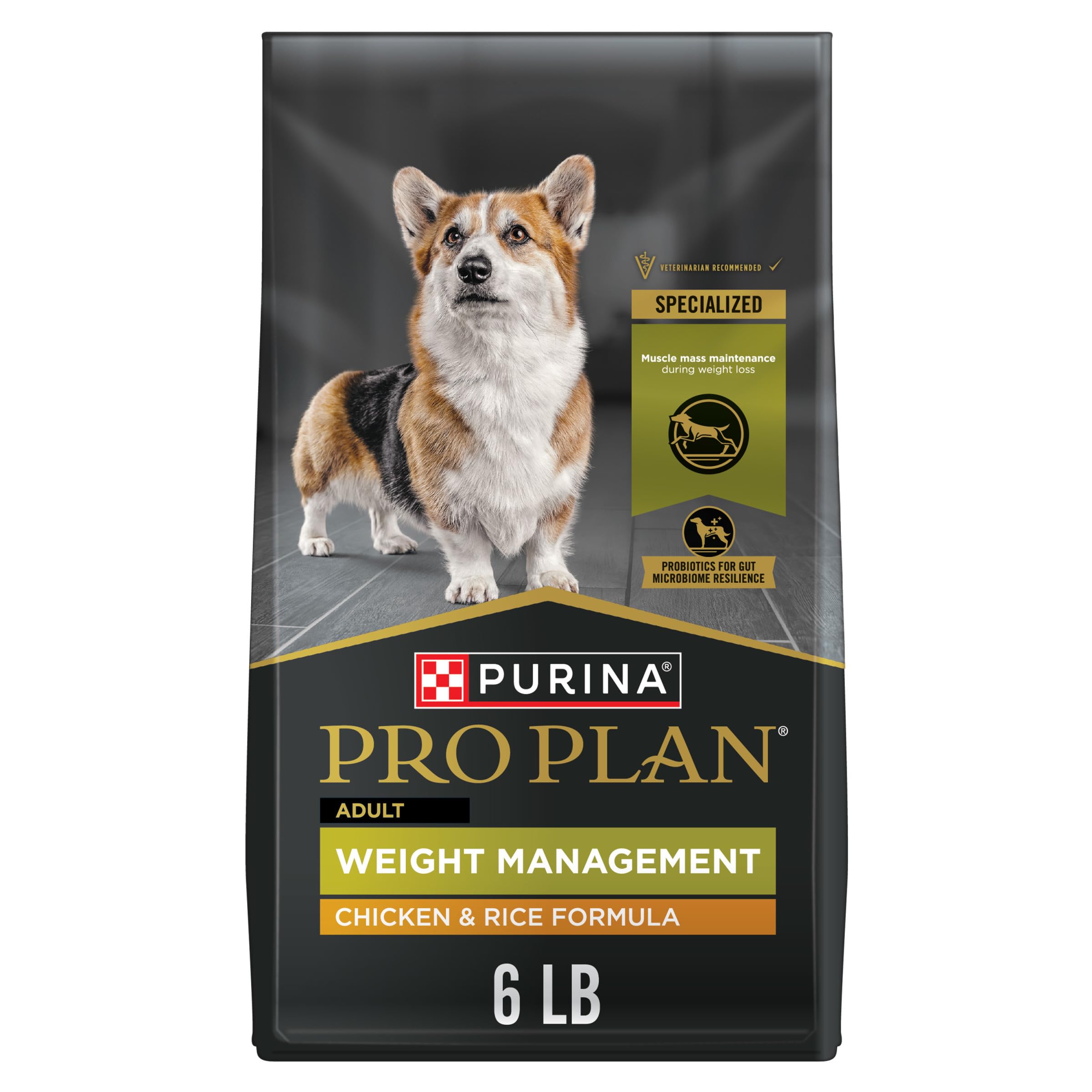 Purina Pro Plan Weight Management bag front showing real chicken and weight-conscious nutrition