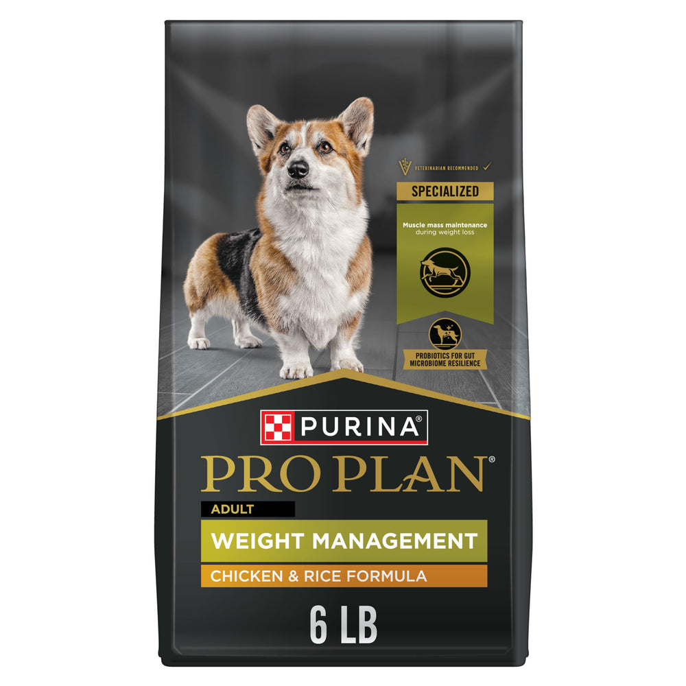 Purina Pro Plan Weight Management bag front showing real chicken and weight-conscious nutrition