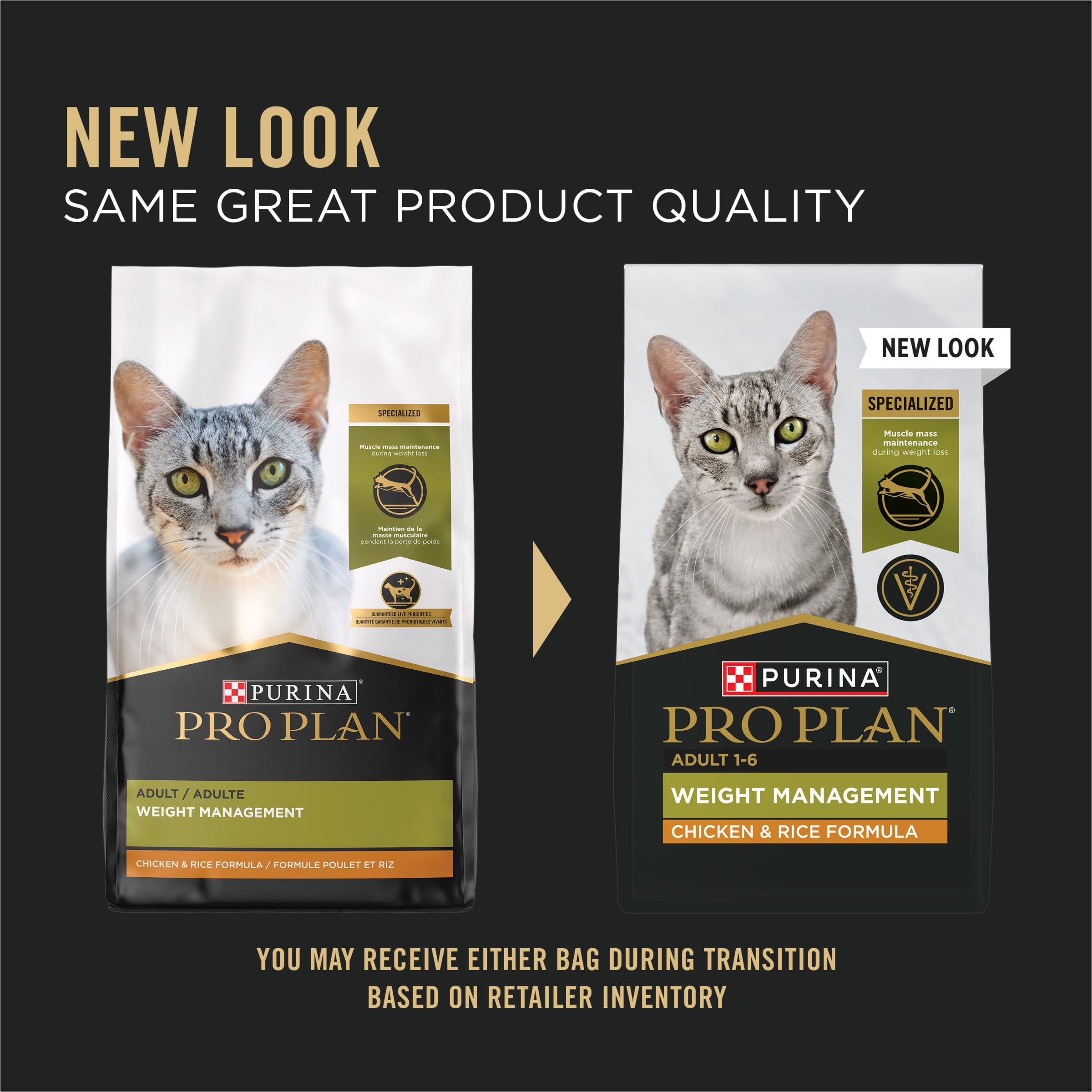 Purina Pro Plan Weight Management packaging highlighting high protein and lower fat