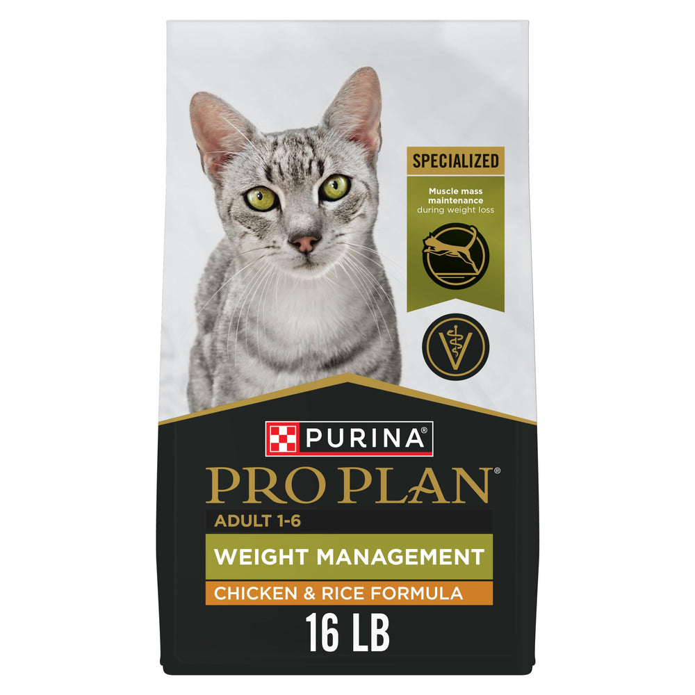 Purina Pro Plan Weight Management kibble in a bowl to support lean muscle in adult cats