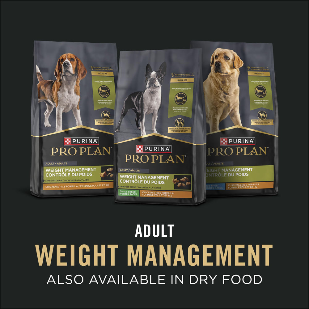 Purina Pro Plan Weight Management nutrition facts label on pack close-up.