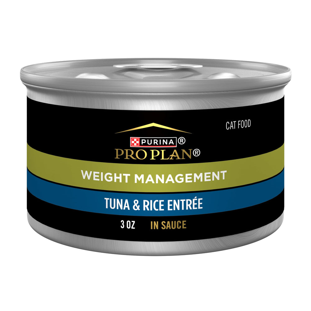 Purina Pro Plan Weight Management tuna and rice entrée sauce pour highlights flavor appeal for weight control