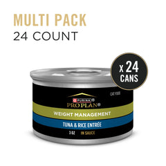 Purina Pro Plan Weight Management tuna and rice entrée served in bowl shows texture and sauce
