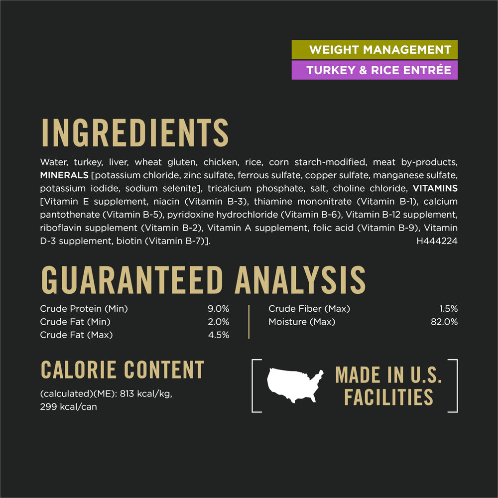 Purina Pro Plan Weight Management turkey and rice entree can opening reveals easy serving.