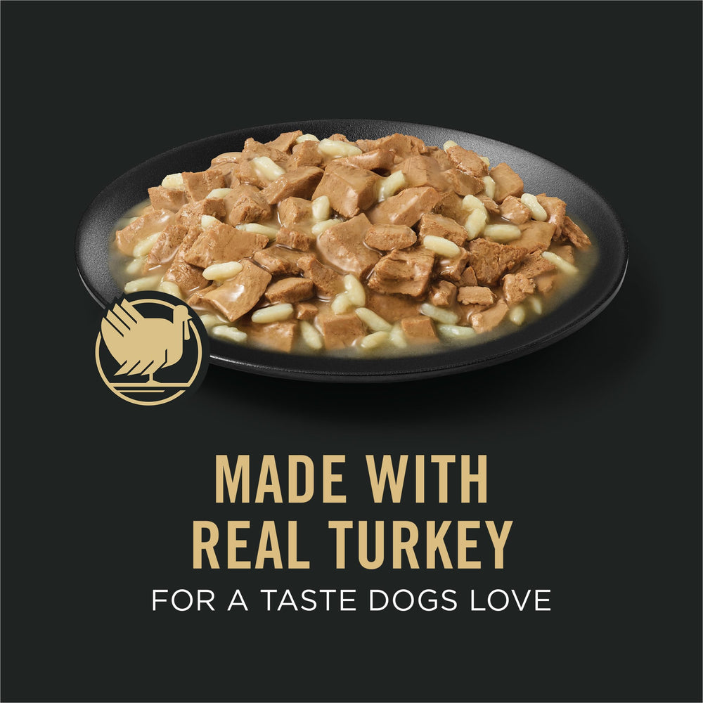 Purina Pro Plan Weight Management Turkey and Rice Entree close-up: turkey chunks in gravy for dogs.