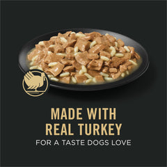 Purina Pro Plan Weight Management Turkey and Rice Entree close-up: turkey chunks in gravy for dogs.