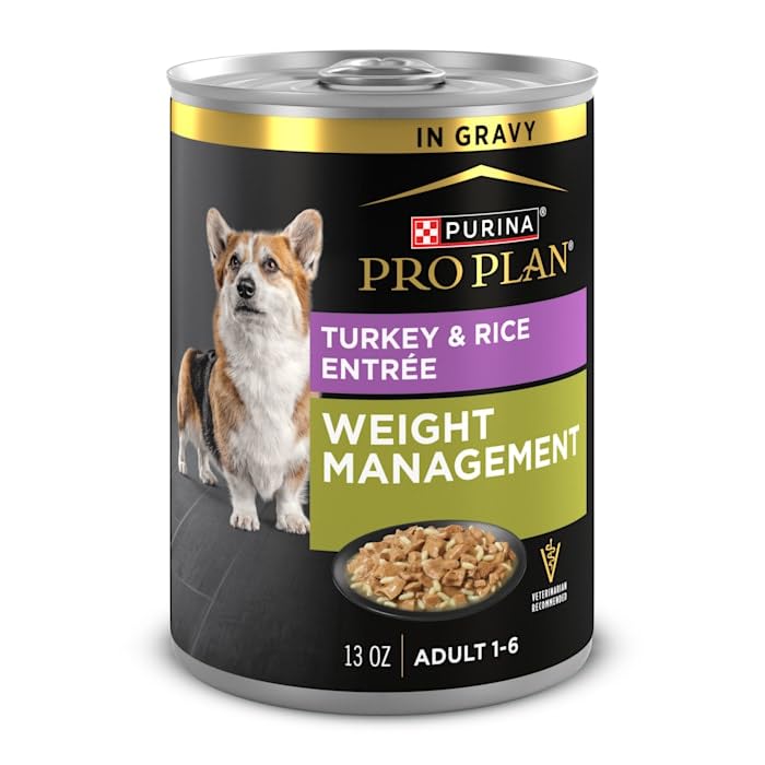 Purina Pro Plan Weight Management Turkey and Rice Entree pack of 12 cans on display.