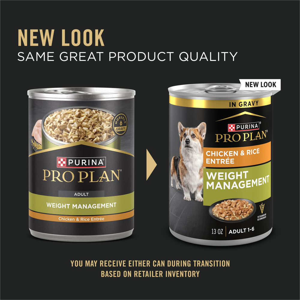 Purina Pro Plan Weight Management in gravy features real chicken and rice for palatability