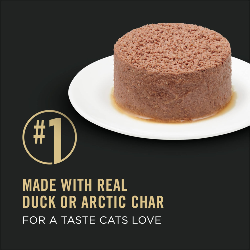Purina Pro Plan wet cat food duck entree close-up can showcases grain-free texture.