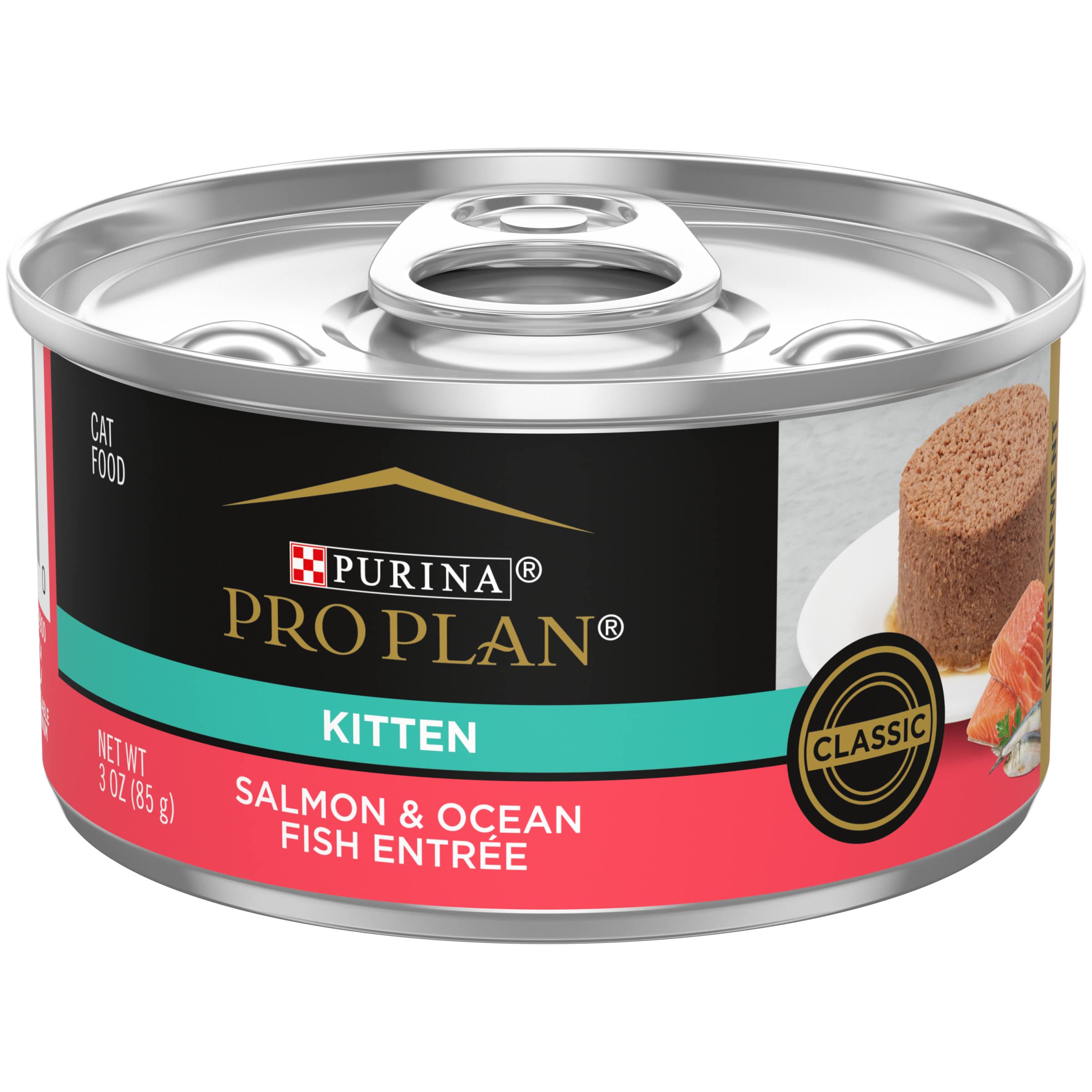 Purina Pro Plan wet kitten can with salmon entree supports growth.