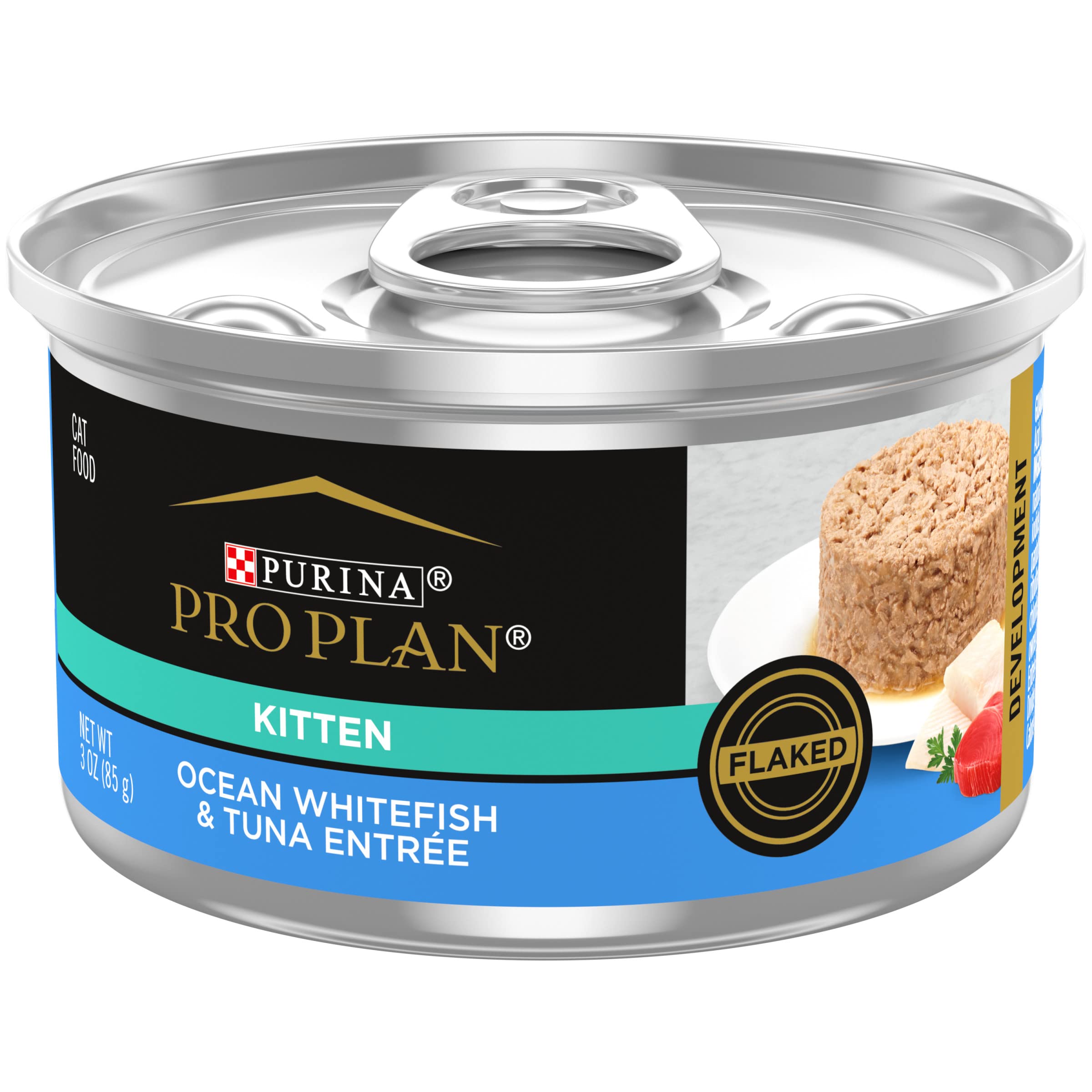 Purina Pro Plan Wet Kitten Ocean Whitefish and Tuna entree can, protein-rich flavor.