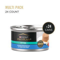 Purina Pro Plan Wet Kitten can closeup, showing tender flaked fish texture kittens love.
