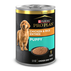 Purina Pro Plan wet puppy pate chicken entree can close-up.