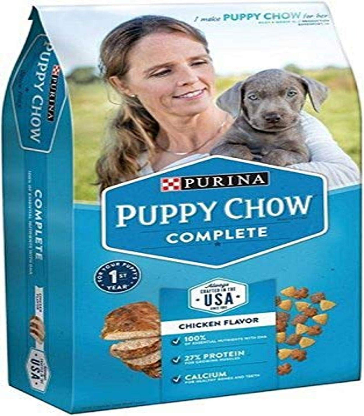 Purina Puppy Chow bag showing chicken flavor, supports energy and healthy puppy growth.