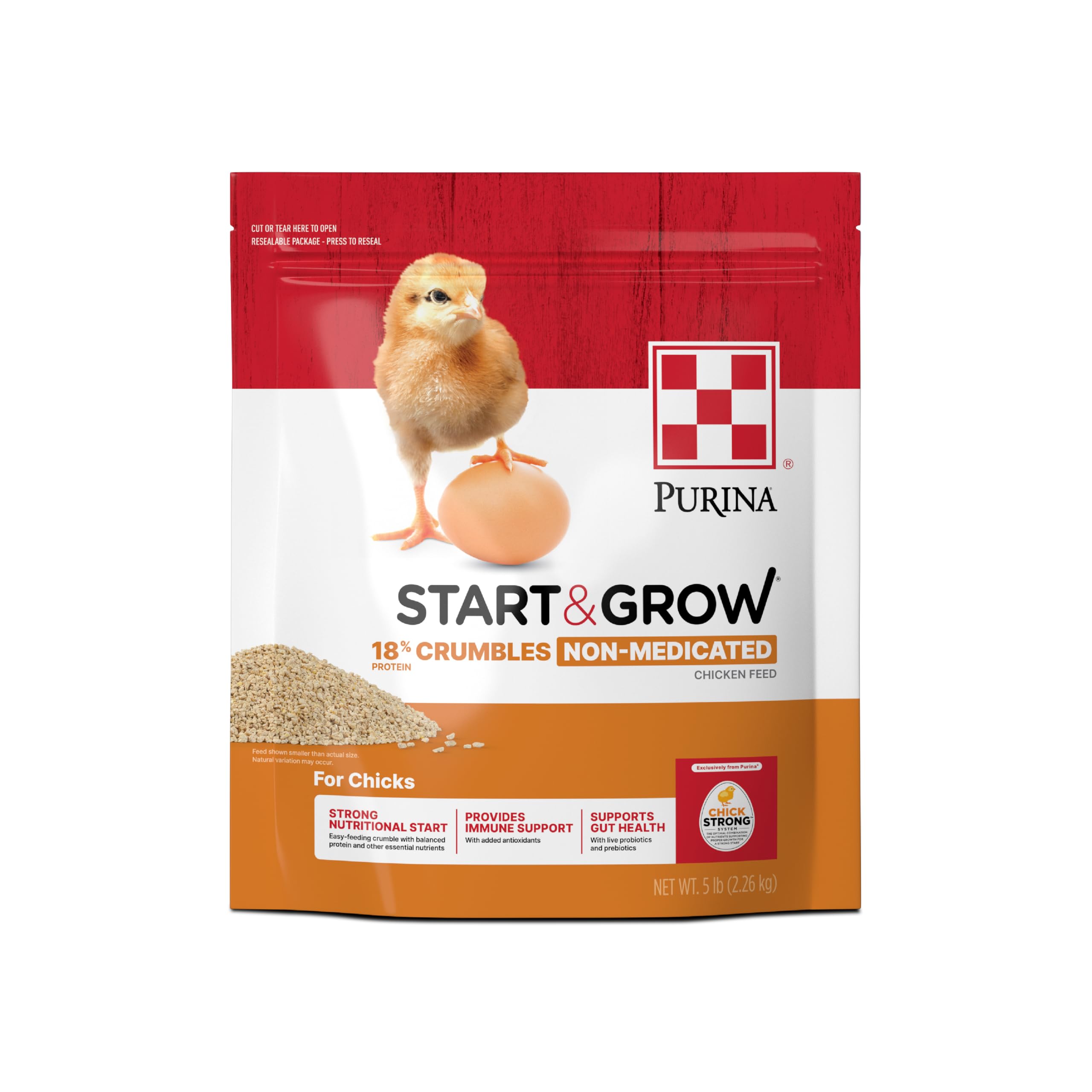 Purina Start and Grow bag front showing reliable chick feed for healthy growth.