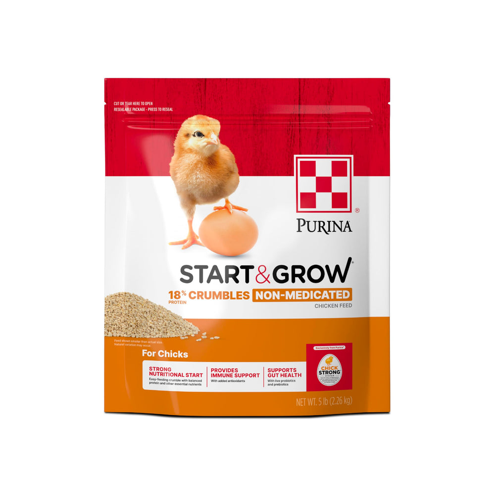 Purina Start and Grow bag front showing reliable chick feed for healthy growth.
