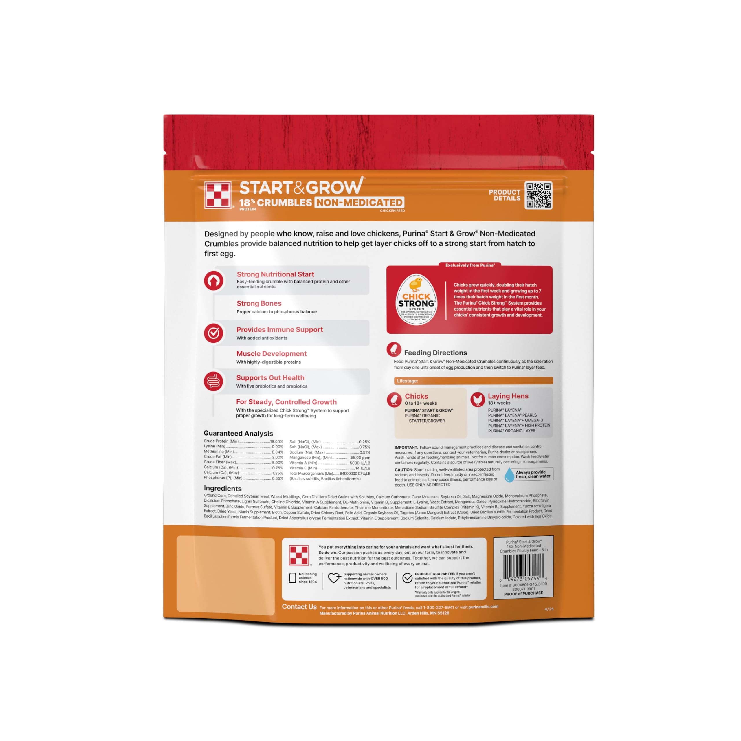 Purina Start and Grow bag side highlighting complete nutrition for growing chicks.