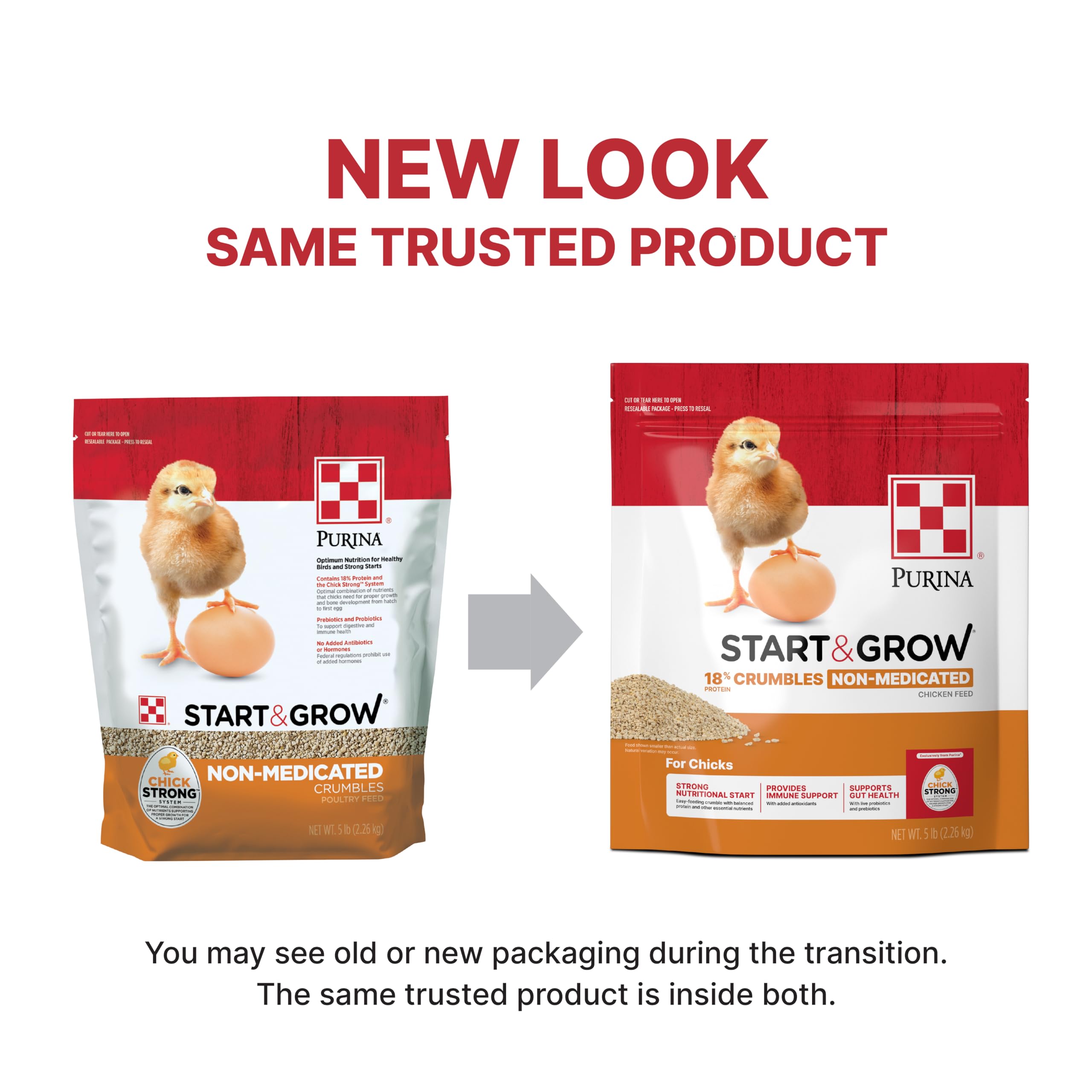Purina Start and Grow crumbles close up with textured feed for easy eating.