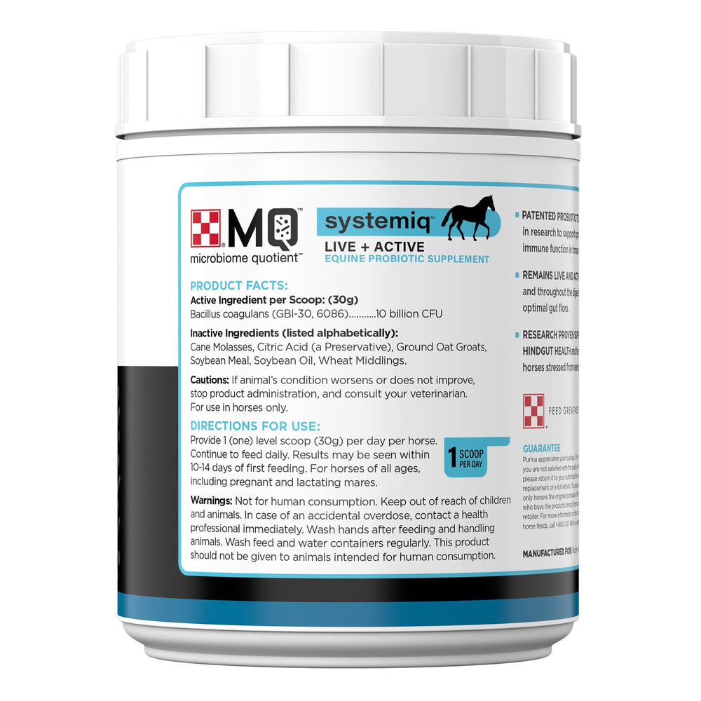 Purina Systemiq with horse during exercise implies recovery support after workouts.