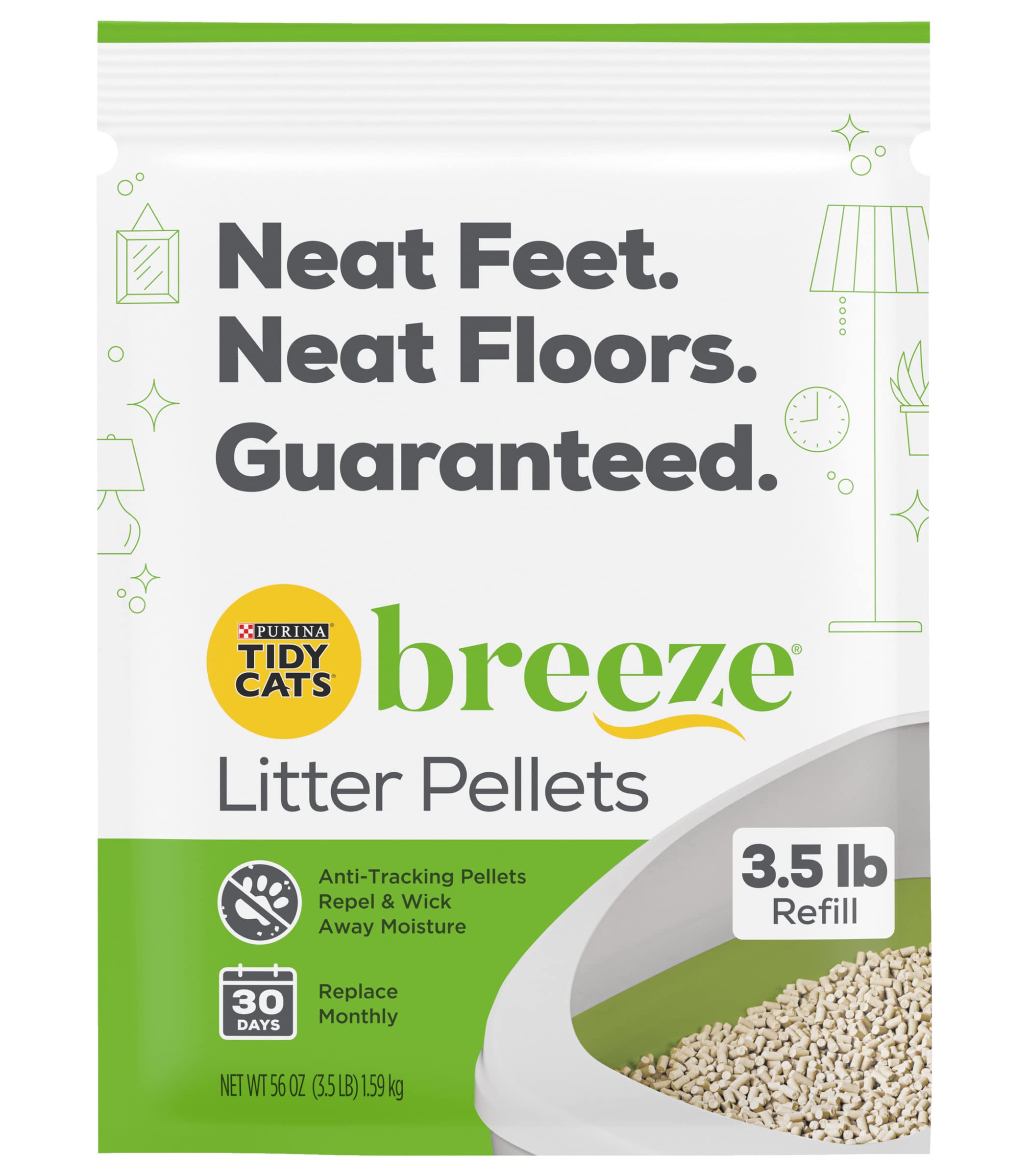 Purina Tidy Cats Breeze anti-tracking pellets reduce scatter for cleaner floors.