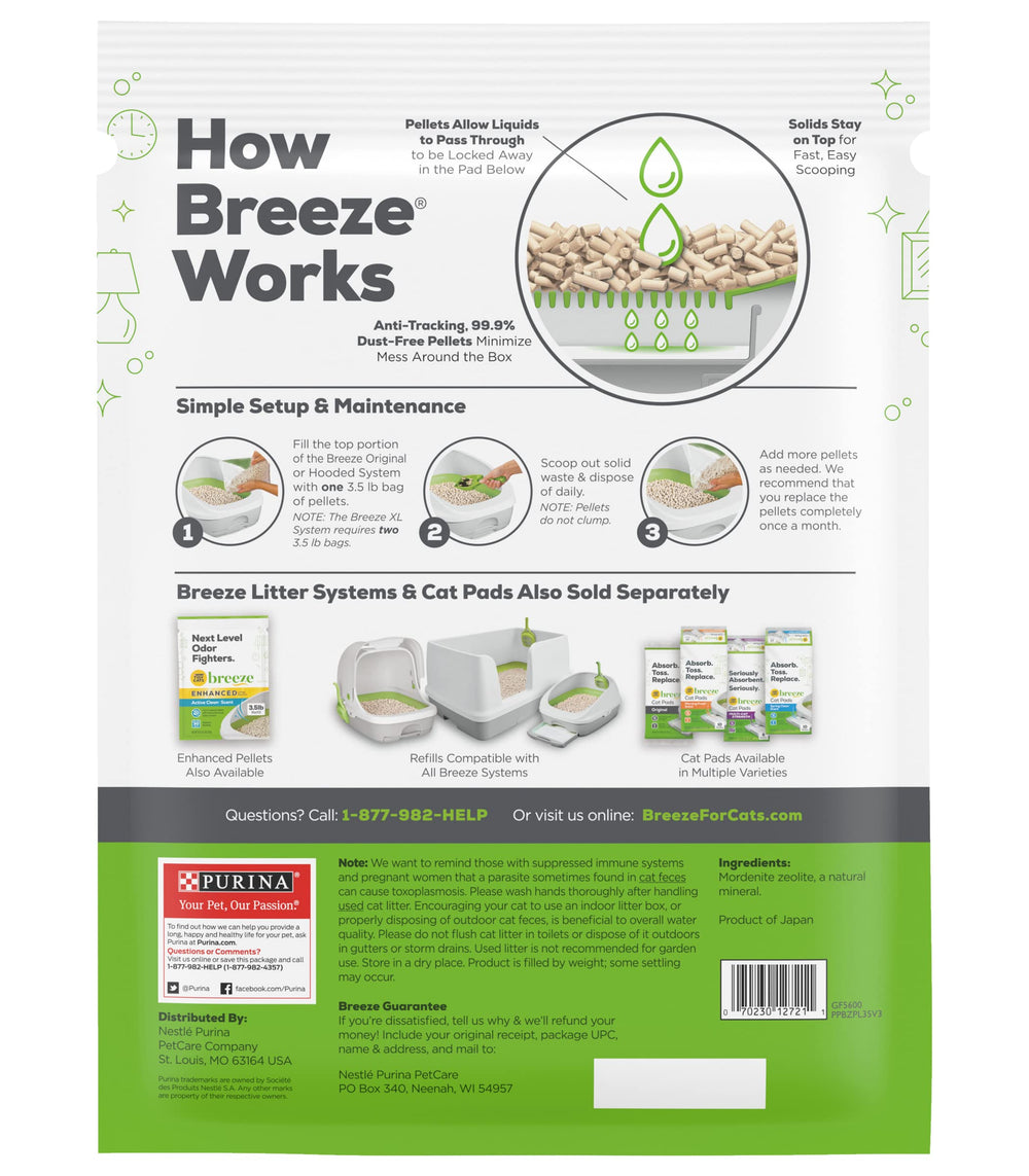Purina Tidy Cats Breeze dust-free pellets pour cleanly, reducing mess.