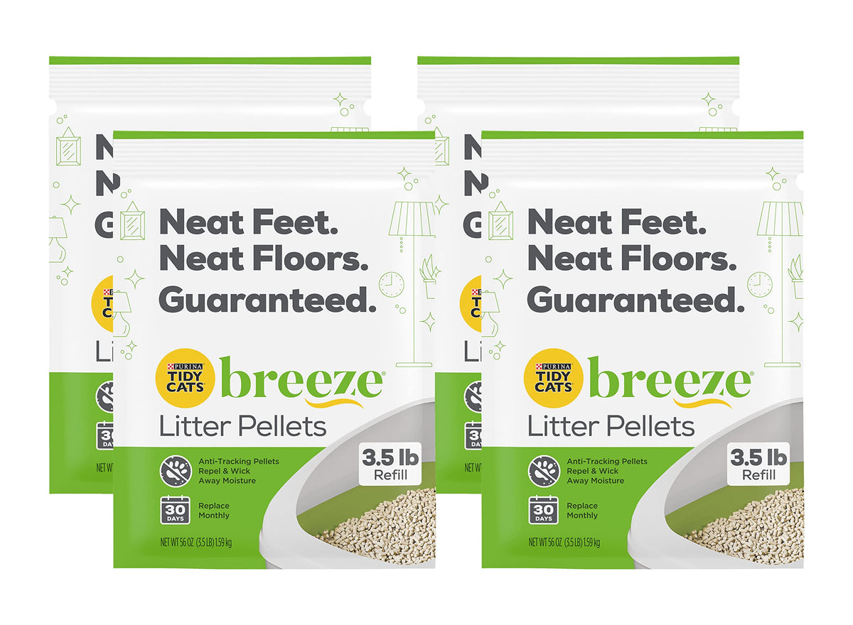 Purina Tidy Cats Breeze pellets bag view, easy storage and four-pack convenience.