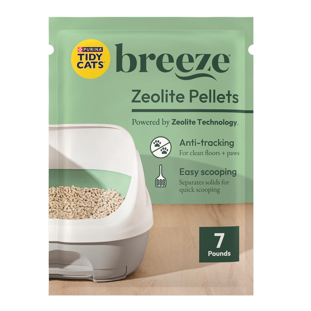 Purina Tidy Cats Breeze pellets box front with recyclable packaging.