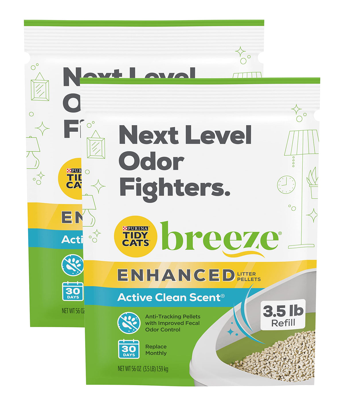 Purina Tidy Cats Breeze pellets close-up showing enhanced scent for odor control