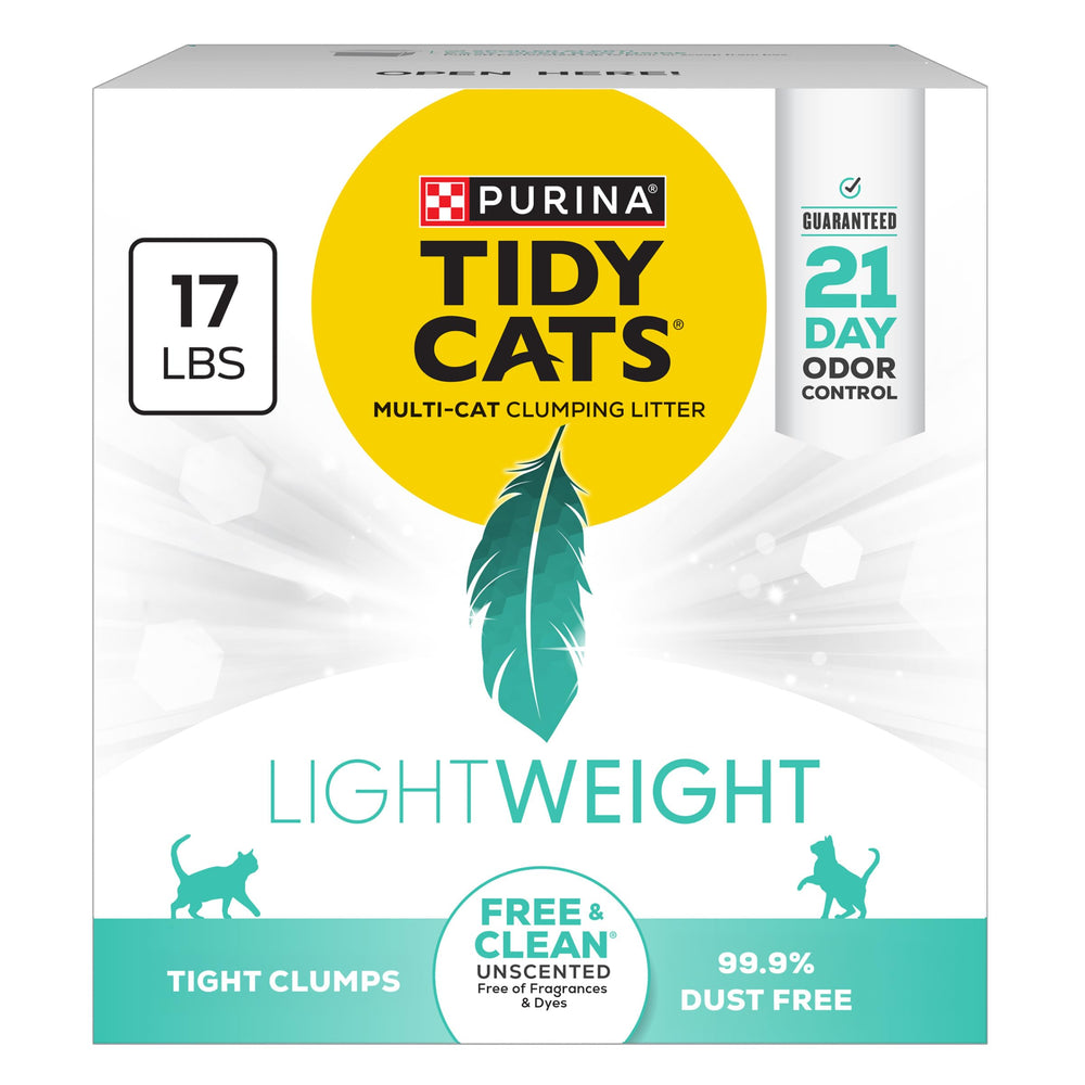 Purina Tidy Cats LightWeight Free and Clean odor-control bag promotes 21‑day freshness.