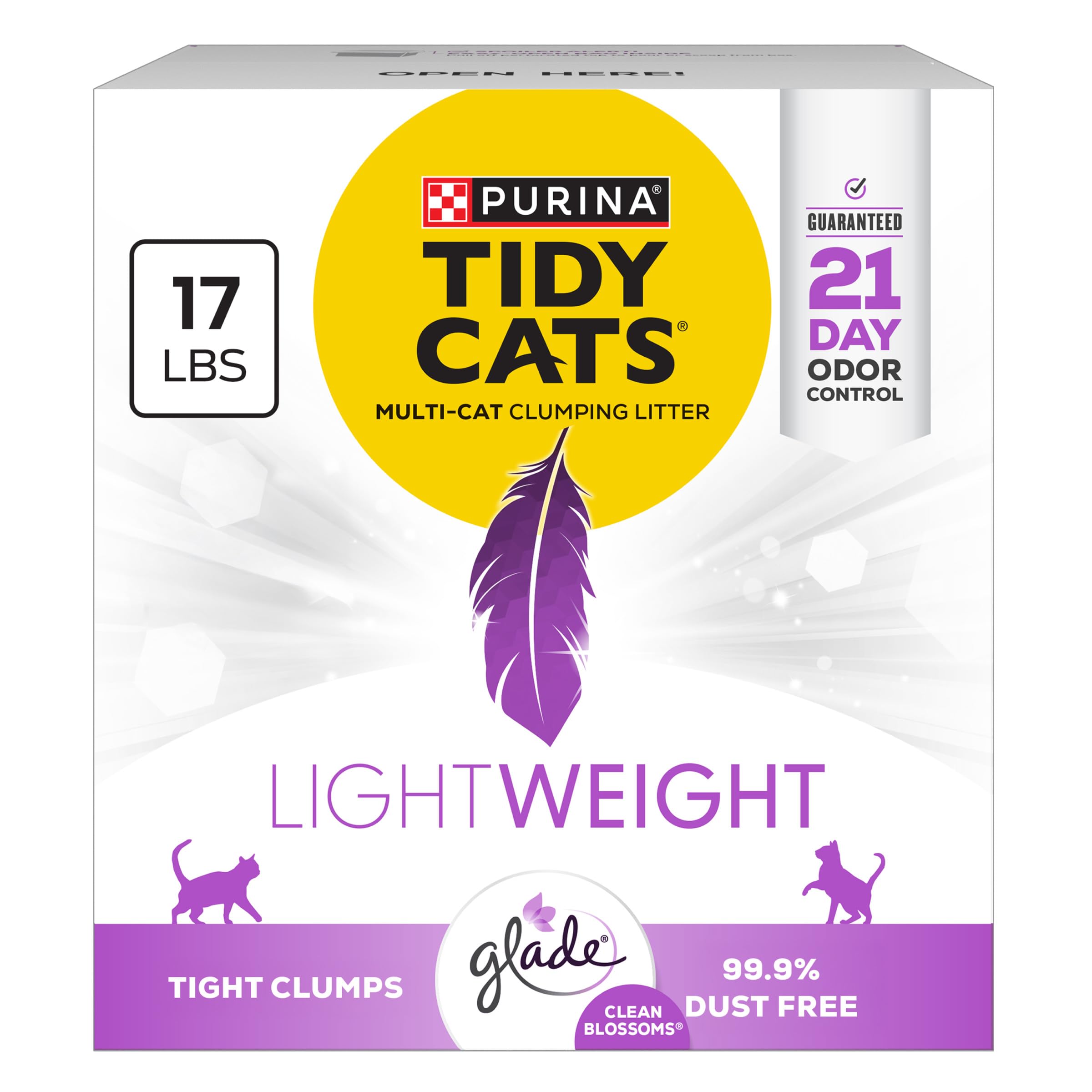 Purina Tidy Cats LightWeight with Glade Blossoms litter bag highlighting 21-day odor control