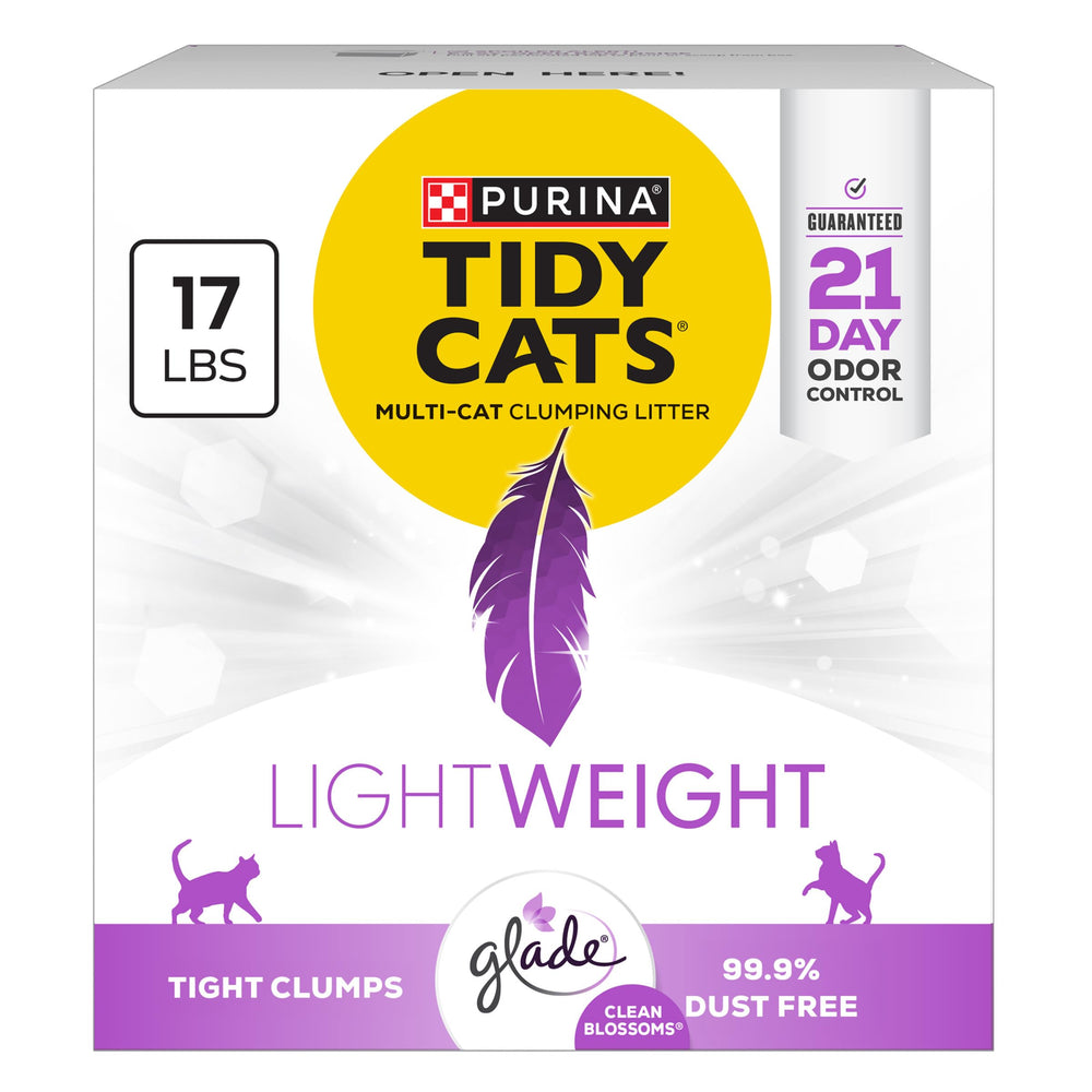 Purina Tidy Cats LightWeight with Glade Blossoms litter bag highlighting 21-day odor control