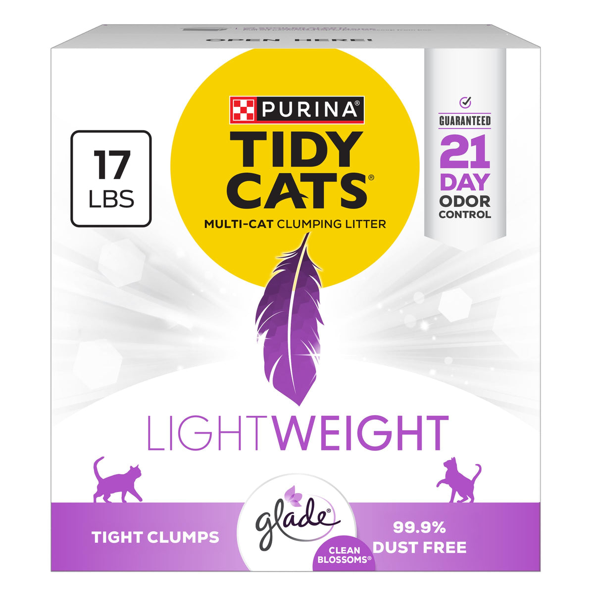 Purina Tidy Cats LightWeight with Glade Blossoms litter bag highlighting 21-day odor control