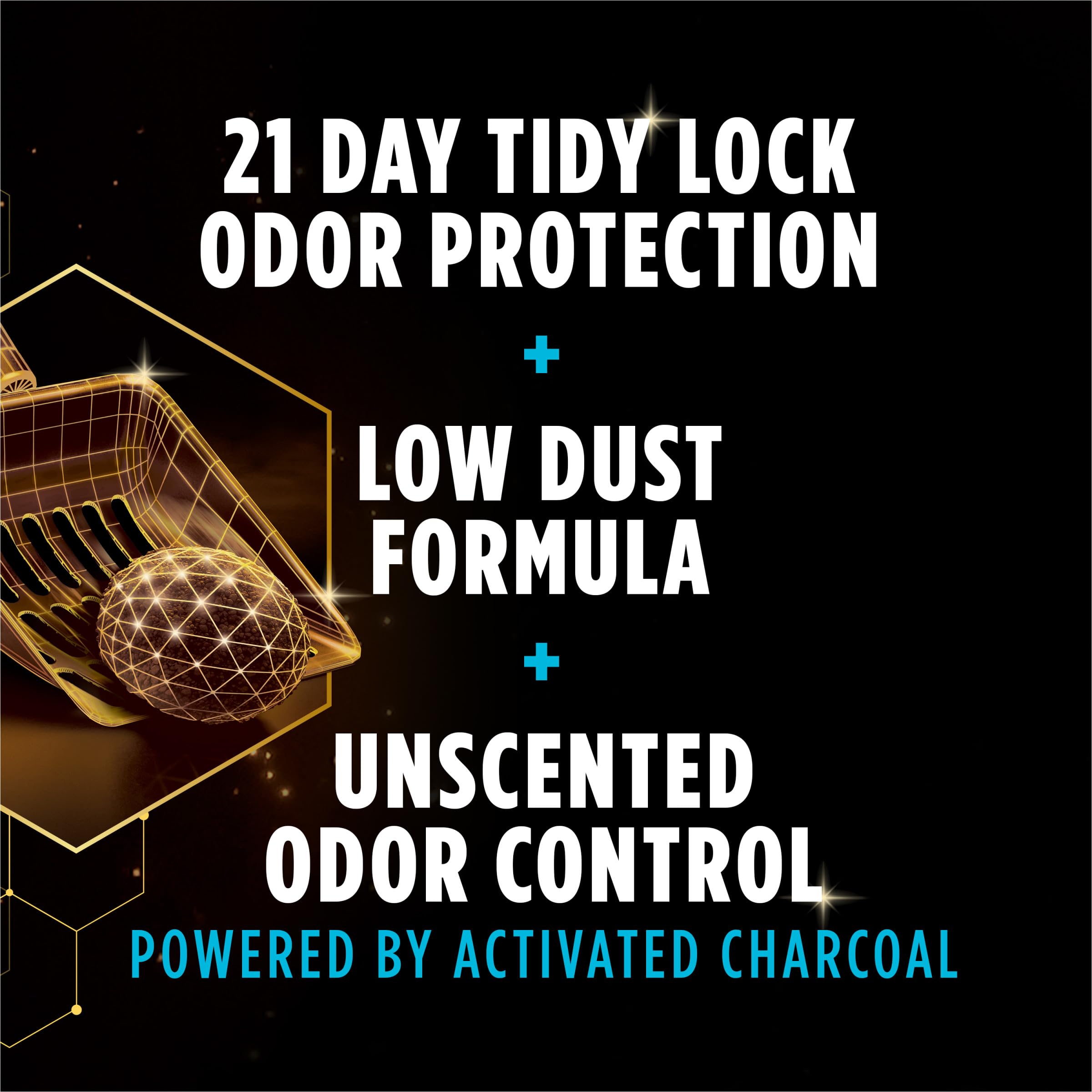Purina Tidy Cats Performance Plus Power Clump activated charcoal provides odor control.