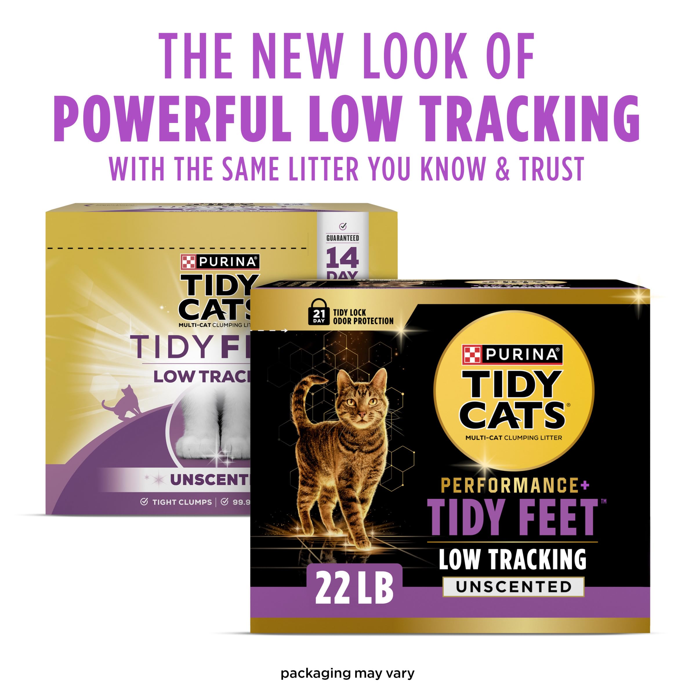 Purina Tidy Cats Performance Plus Tidy Feet low dust formula reducing tracking on floors.