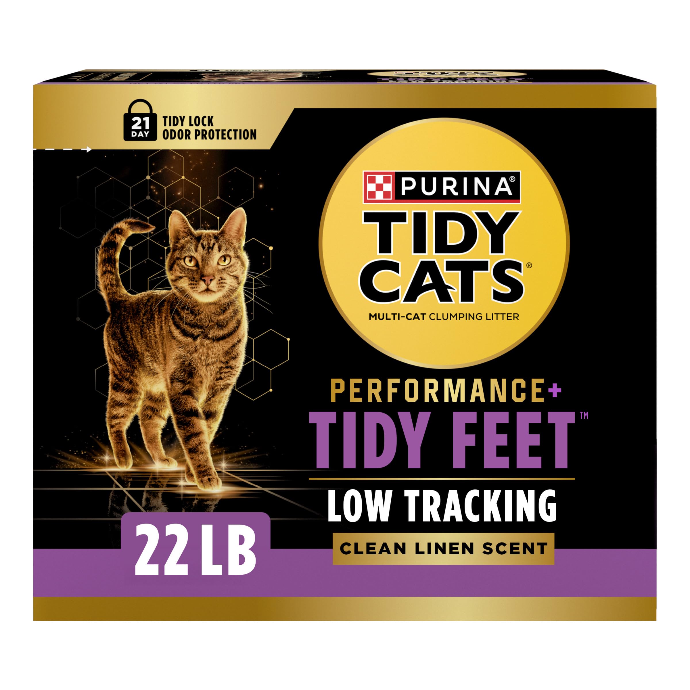 Purina Tidy Cats Performance Plus Tidy Feet litter bag highlighting low tracking and odor control.