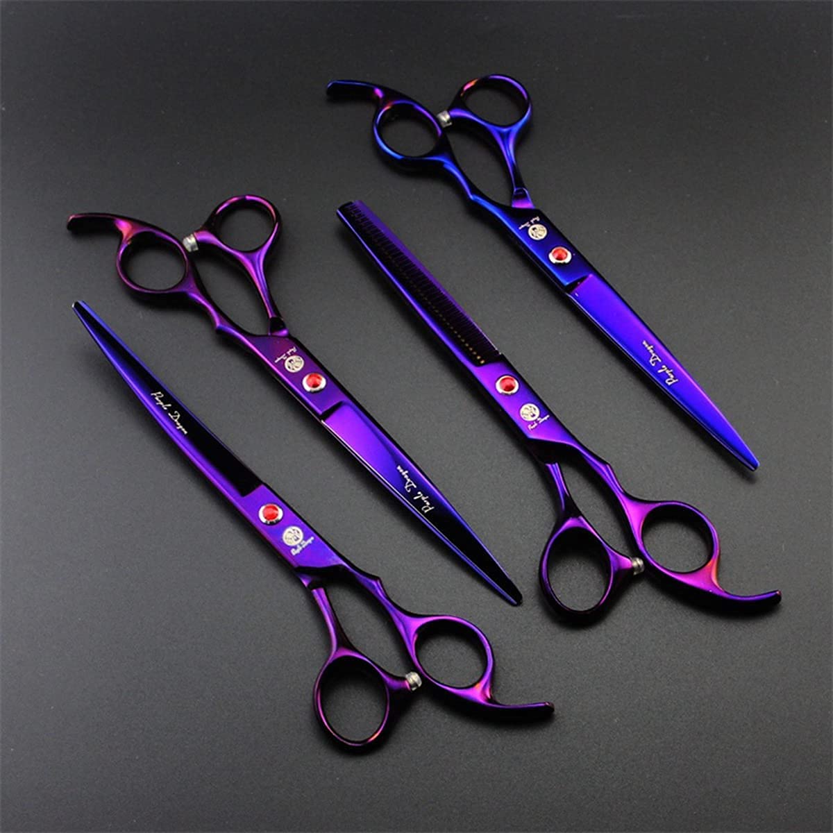Purple Dragon upward-curved scissors for shaping legs and paws.