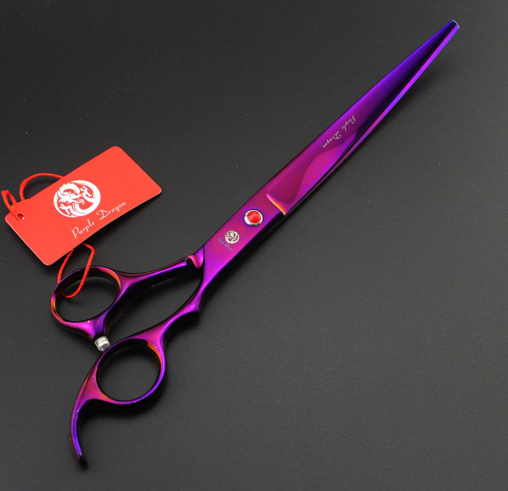 Purple Dragon curved shear angled view emphasizing ergonomic grip design for comfort.