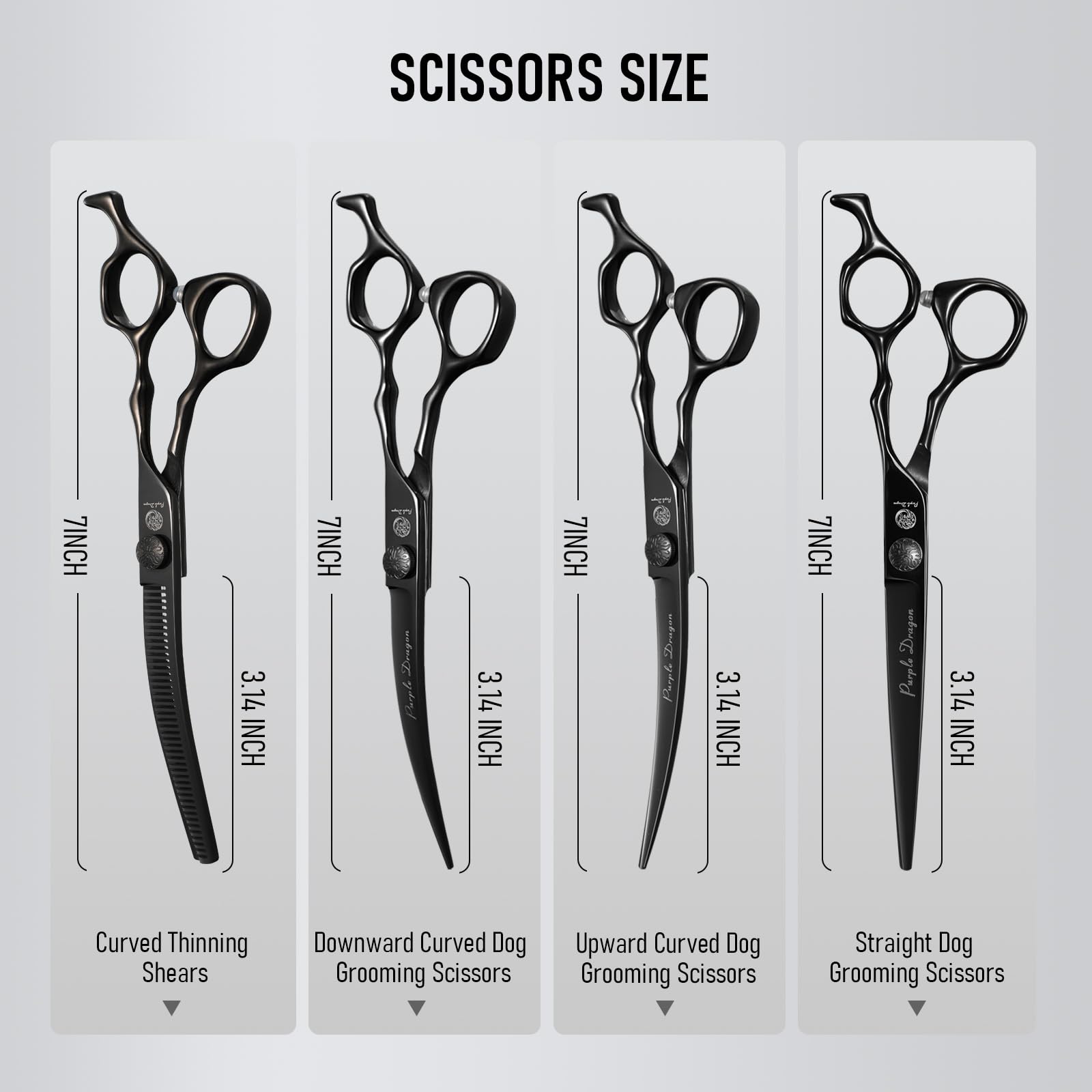 Purple Dragon curved-up grooming scissors for ergonomic control during shaping